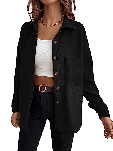 GORGLITTER Damen Kord Blusen Dünne Jacke Button-down Langarm Blusenshirt Hemdbluse Lässig Cardigan mit Taschen Schwarz L von GORGLITTER