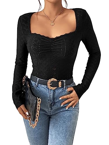 GORGLITTER Damen Langarm Tops Schmal T-Shirt Herzausschnitt Langarmshirt Klasse Herbstshirt Schmal Oberteil Schwarz M von GORGLITTER