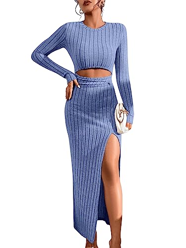 GORGLITTER Damen Maxikleid Cut Outs Langarm Freizeitkleid Figurbetontes Kleid Bodycon Lange Kleider mit Schlitz Blau L von GORGLITTER