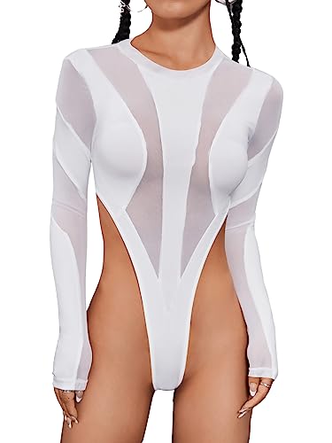 GORGLITTER Damen Mesh Bodysuits Langarm Stretchy Bodies Transparenter Netz Bodys Cut Outs Hohe Taile Body Weiß L von GORGLITTER