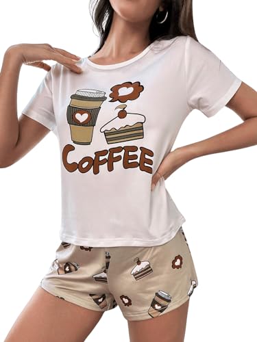 GORGLITTER Damen Pyjama Sets Kurzarm Tops und Shorts mit Cartoon Süße Zweiteilliger Schlafanzug Sleepwear Hausanzug Short Sets Weiß und Khaki L von GORGLITTER