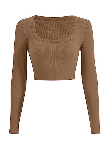 GORGLITTER Damen Rippenstrick Crop T-Shirt Bauchfrei Langarmshirt Quadratischem Kragen Oberteil Pullover Klassci T Shirts Cropped Langarm Shirts Mokka Braun M von GORGLITTER