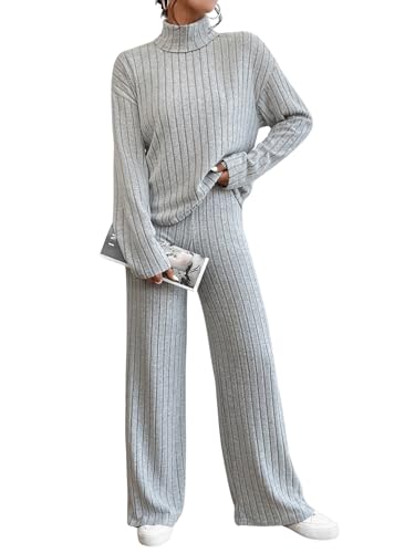 GORGLITTER Damen Set Hose Und Oberteil Strick Zweiteiler Outfit Herbst Elegant Jogginganzug 2 Teiler Freizeitanzug Hellgrau XS von GORGLITTER