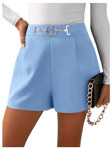 GORGLITTER Damen Shorts Elegant Kurzhose Breites Bein Sommershort Hohe Taille Short mit Reißverschluss und Kette Blau M von GORGLITTER