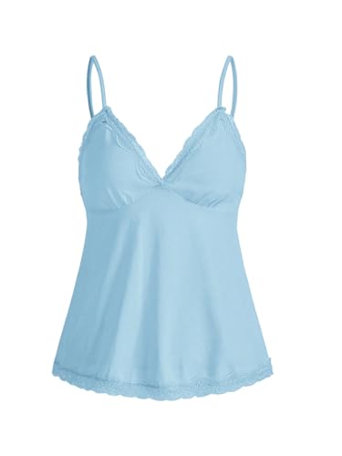 GORGLITTER Damen Spaghettiträger Top Cami Tops V-Ausschnitt Oberteil Stretch Trägershirts mit Kontrast Spitzen Blau XS GORGLITTER Damen Spaghettiträger Top Cami Tops V-Ausschnitt Oberteil Stretch Trägershirts mit Kontrast Spitzen Blau XS von GORGLITTER