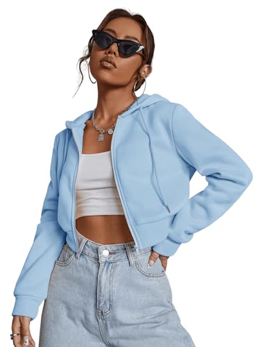 GORGLITTER Damen Sweatjacke Bauchfrei Kapuzenpullover Langarm Kurz Hoodie Sweatshirt Crop Kapuzenjacke Cropped Jacke mit Zip Blau XS von GORGLITTER