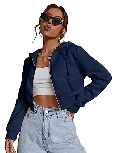 GORGLITTER Damen Sweatjacke Bauchfrei Kapuzenpullover Langarm Kurz Hoodie Sweatshirt Crop Kapuzenjacke Cropped Jacke mit Zip Marineblau M von GORGLITTER