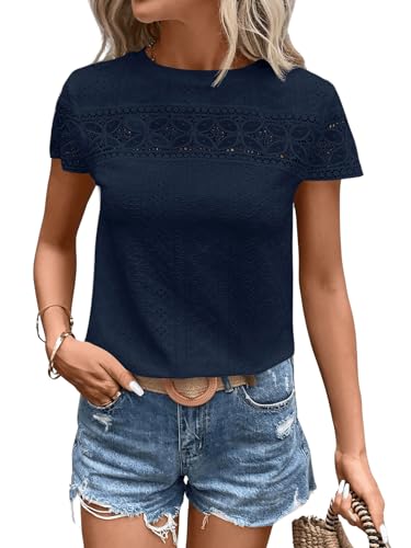 GORGLITTER Damen T-Shirt Elegant Oberteil mit Spitzenbesatz Kurzärmelig Casualshirt Spitzenshirt Blusetop Marineblau M von GORGLITTER