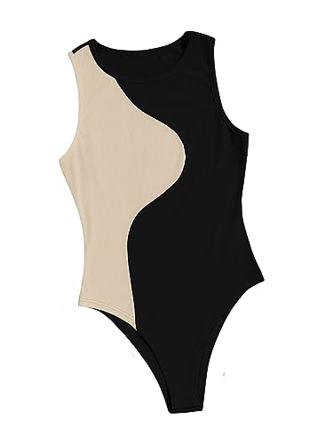 GORGLITTER Damen Tank Bodysuits Rundkragen Body Farbblock Bodies Lässig Bodys Tops mit Rippenstrick Schwarz und Khaki M von GORGLITTER