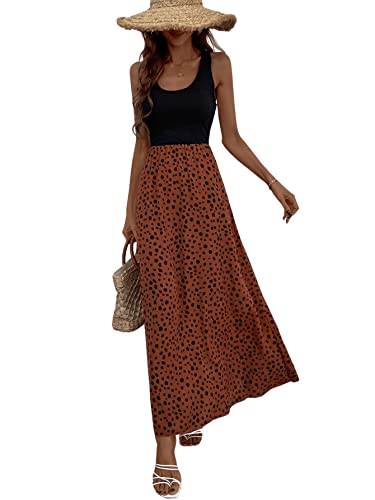 GORGLITTER Damen Tank Maxikleid Ärmellos Lässig Trägerkleid A Linie Sommerkleid Polka Dots Boho Kleider Damen Sommer Lang Schwarz und Braun M von GORGLITTER