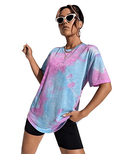 GORGLITTER Damen Tie Dye T-Shirts Casual Oberteil Locker Kurzarmshirts Tunika Sommershirts Kurzarm Tops mit Batik Blau XL von GORGLITTER