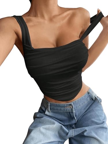 GORGLITTER Damen Top Ärmellose Trägertops Bauchfreies Oberteil Gerafft Sommertop Enges Partytop Rückenfreies Crop Tops Asymmetrisch Camitop Schwarz S GORGLITTER Damen Top Ärmellose Trägertops Bauchfreies Oberteil Gerafft Sommertop Enges Partytop Rückenfreies Crop Tops Asymmetrisch Camitop Schwarz S von GORGLITTER