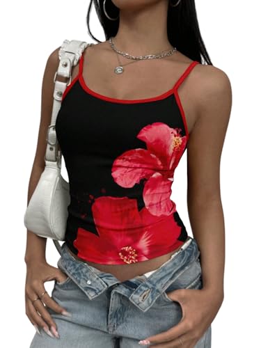 GORGLITTER Damen Top Ärmelloses Sommertop Blumenmuster Spaghettiträger Tops Rückenfreie Oberteile Bauchfreies Trägertop Camisole Blumentop Freizeittop Schwarz und Rot M GORGLITTER Damen Top Ärmelloses Sommertop Blumenmuster Spaghettiträger Tops Rückenfreie Oberteile Bauchfreies Trägertop Camisole Blumentop Freizeittop Schwarz und Rot M von GORGLITTER