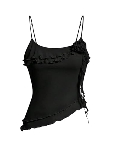 GORGLITTER Damen Top Ärmelloses Tärgertop Blumenverzierte Sommertops Elegant Spaghettiträger Tops Wellensaum Oberteile Asymmetrische Freizeittops Schwarz L GORGLITTER Damen Top Ärmelloses Tärgertop Blumenverzierte Sommertops Elegant Spaghettiträger Tops Wellensaum Oberteile Asymmetrische Freizeittops Schwarz L von GORGLITTER