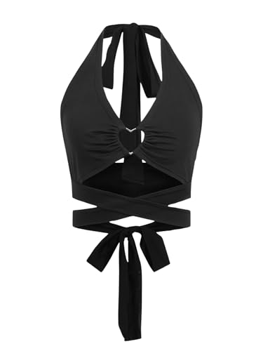GORGLITTER Damen Top Neckholder Oberteile Rückenfreies Trägertop mit Cut Out Ärmellose Sommertop Gerafftes Trägershirts Crop-Top Freizeittop Partytop Schwarz S GORGLITTER Damen Top Neckholder Oberteile Rückenfreies Trägertop mit Cut Out Ärmellose Sommertop Gerafftes Trägershirts Crop-Top Freizeittop Partytop Schwarz S von GORGLITTER