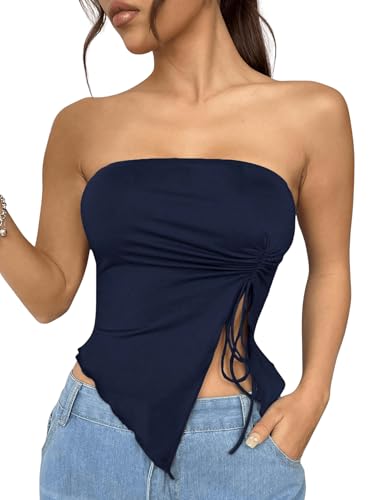 GORGLITTER Damen Bandeau-Top Tube Tops Trägerloses Top Schulterfrei Asymmetrisch Sommertops mit Seitenschlitz Dunkelblau M GORGLITTER Damen Bandeau-Top Tube Tops Trägerloses Top Schulterfrei Asymmetrisch Sommertops mit Seitenschlitz Dunkelblau M von GORGLITTER