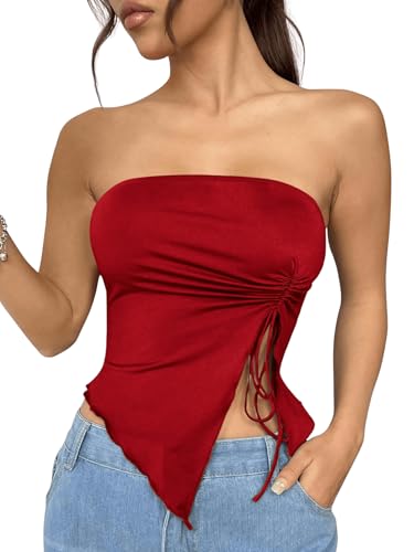 GORGLITTER Damen Bandeau-Top Tube Tops Trägerloses Top Schulterfrei Asymmetrisch Sommertops mit Seitenschlitz Rot XS GORGLITTER Damen Bandeau-Top Tube Tops Trägerloses Top Schulterfrei Asymmetrisch Sommertops mit Seitenschlitz Rot XS von GORGLITTER