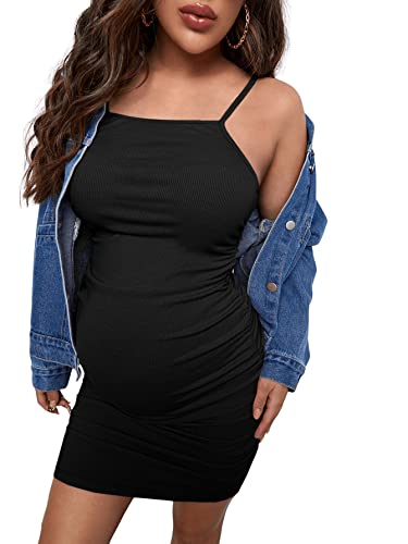 GORGLITTER Damen Umstandskleid Casual Schwangerschafts Kleid für Schwangere Strick Spaghettiträger Minikleid mit Rüschen Schwarz XL von GORGLITTER