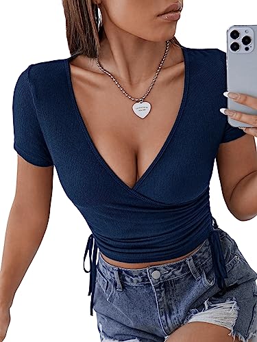 GORGLITTER Damen Wrap Bauchfrei Tops V-Ausschnitt Crop Top Kurz Oberteil Stretch Kurzarmshirt mit Schnürzug Marineblau S von GORGLITTER