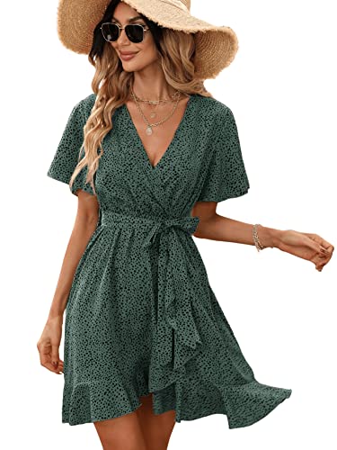 GORGLITTER Damen Wrap Freizeitkleid Schmetterlingsärmel Sommerkleid A-Linie Kleid Casual Skaterkleid mit Gürtel Dunkelgrün L von GORGLITTER