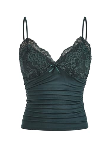 GORGLITTER Damen Y2k Camisole Spaghettiträger Tops Crop Top V-Ausschnitt Oberteil mit Kontrast Spitze Dunkelgrün M GORGLITTER Damen Y2k Camisole Spaghettiträger Tops Crop Top V-Ausschnitt Oberteil mit Kontrast Spitze Dunkelgrün M von GORGLITTER