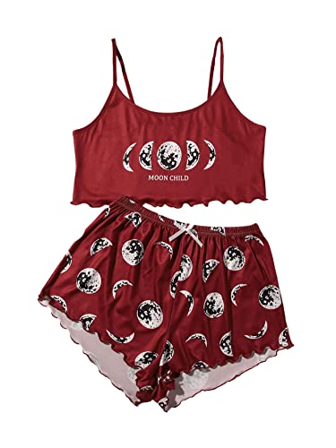 GORGLITTER Damen Zweiteiliger Schlafanzug Set Camisole Crop Top und Short Sets Wellensaum Schlafi Sets Hausanzug mit Mond Muster Bordeaux XL von GORGLITTER