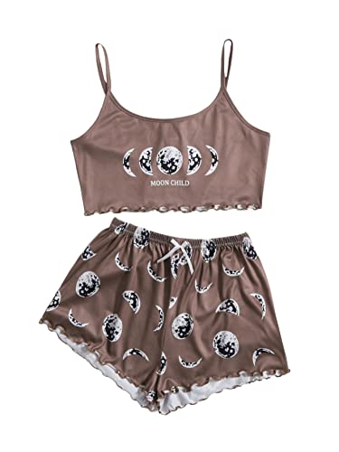 GORGLITTER Damen Zweiteiliger Schlafanzug Set Camisole Crop Top und Short Sets Wellensaum Schlafi Sets Hausanzug mit Mond Muster Mokka Braun M von GORGLITTER