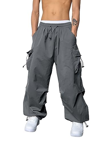 GORGLITTER Herren Cargo Hose Baggy Cargohose mit Taschen Y2k Sweathose Lange Capri Hose Streatwear mit Tunnelzug Dunkelgrau M von GORGLITTER