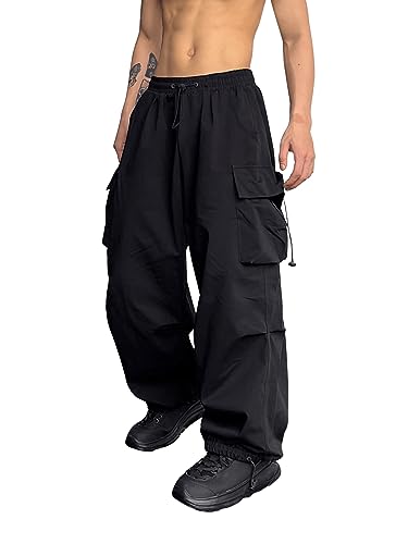 GORGLITTER Herren Cargo Hose Baggy Cargohose mit Taschen Y2k Sweathose Lange Capri Hose Streatwear mit Tunnelzug Schwarz XXL von GORGLITTER