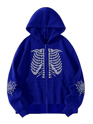 GORGLITTER Hoodie Mit Reißverschluss Damen Fleecejacke Mit Kapuze Hoodie Mit Skelett Strass Kapuzenpullover Mit Taschen Y2k Hoodie Jacke Blau M von GORGLITTER