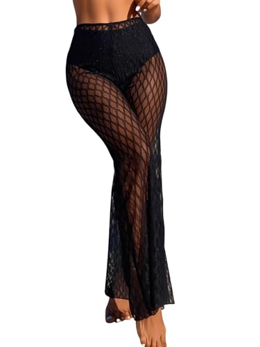 GORGLITTER Transparent Hose Damen Cover Up Schlaghose Fischnetz Hosen Strandhose Cover-Up Party Pants Schwarz L von GORGLITTER