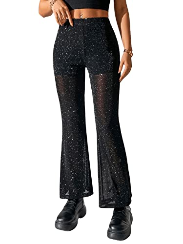 GORGLITTER Mesh Hose Damen Durchsichtig Schlaghose Mit Hoher Taille Glitzer Hose Lang Party Hose Glitzer Schlaghose Schwarz XS von GORGLITTER