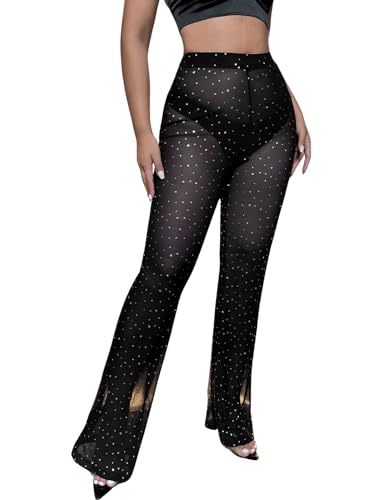 GORGLITTER Mesh Hose Damen Durchsichtig Schlaghose mit Glitzer Hoher Taille Flare Hose Lang Party Hose Schlaghosen ohne Höschen Vollschwarz L von GORGLITTER