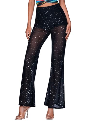 GORGLITTER Mesh Hose Damen Festival Schlaghose Mit Pailletten Transparente Hose Glitzer Party Hosen Schwarz M von GORGLITTER