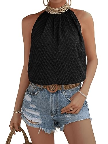 GORGLITTER Neckholder Oberteil Damen Bluse Elegant Blusentop Durchsichtige Spitzen Top Ärmellose Bluse Sommer Blusenshirt Schwarz L von GORGLITTER