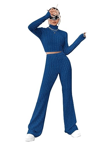 GORGLITTER Oberteil Und Hose Set Damen Crop Top Langarm Strick Schlaghose Zweiteiler Set Bauchfreies Oberteil Langarm Crop Shirt Strick Hosen Set Blau L von GORGLITTER