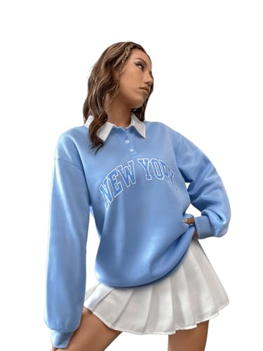 GORGLITTER Pullover Mit Kragen Damen Sweatshirt Mit Knopfleiste Y2k Sweatshirt Langarm Oberteil Pullover Mit Buchstaben Blau S von GORGLITTER