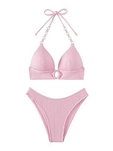 GORGLITTER Push Up Bikini Damen Set Bikini Mit Strass Kette Neckholder Bikini Zweiteiliger Badeanzug Mit Schnürung Bademode Grau-Rosa S von GORGLITTER