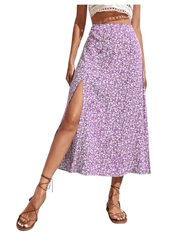 GORGLITTER Damen Sommer Lang Rock Mit Blümchen und Schlitz - A-Linien Blumenrock Geblümt Mit Hoher Taille - Violett XS GORGLITTER Damen Sommer Lang Rock Mit Blümchen und Schlitz - A-Linien Blumenrock Geblümt Mit Hoher Taille - Violett XS von GORGLITTER