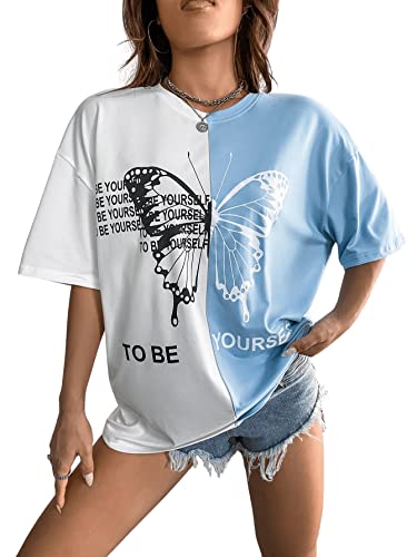 GORGLITTER T Shirt Damen Kurzarm Sommer Oberteile Oversize Shirt Mit Schmetterling Streetwear Tshirt Drop Shoulder Tshirt Mit Farbblock Blau und Weiß XS von GORGLITTER