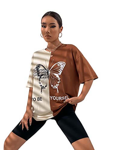 GORGLITTER T Shirt Damen Kurzarm Sommer Oberteile Oversize Shirt Mit Schmetterling Streetwear Tshirt Drop Shoulder Tshirt Mit Farbblock Braun und Beige M von GORGLITTER