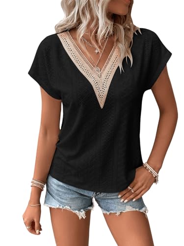 GORGLITTER Tshirt Damen Elegant Mit Spitze Blusentops Spitzen Oberteile V Ausschnitt Spitzentop Spitzenshirt Schwarz S von GORGLITTER