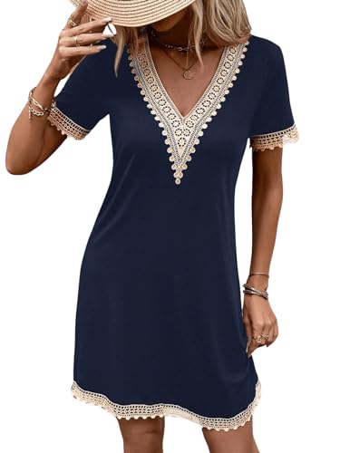 GORGLITTER V Ausschnitt Kleid Damen Elegant Tshirt Kleider Sommer Kleid Mit Spitze Kleid Mit Farbblock Spitzenkleider Kurz Dunkelblau M von GORGLITTER