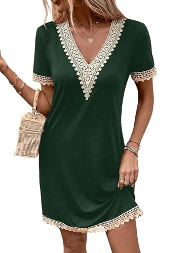 GORGLITTER V Ausschnitt Kleid Damen Elegant Tshirt Kleider Sommer Kleid Mit Spitze Kleid Mit Farbblock Spitzenkleider Kurz Dunkelgrün L von GORGLITTER