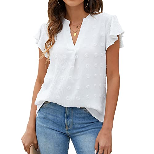 Damen Sommer Elegante Rüschenbluse mit V-Ausschnitt, Leicht und Atmungsaktiv Lockerer Chiffon Lässig Kurzärmlig Schicke Polka Dot-Shirts(XL-Weiß) von GOTOTOP