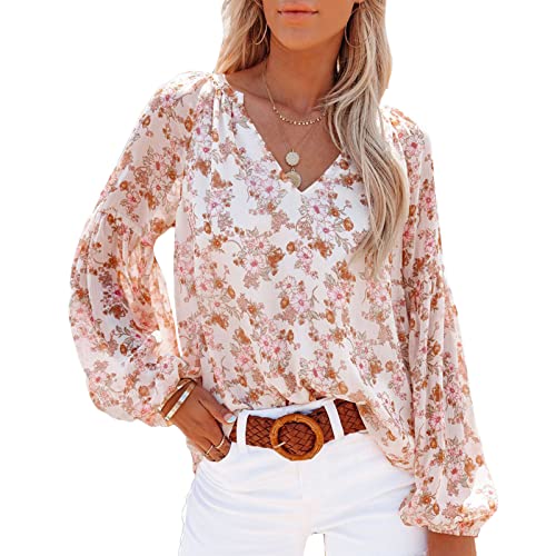 Damen-Sommer-Frühling mit Blumenmuster, V-Ausschnitt, Swing-Tunika, Lange, Ausgestellte, Lässige, Kurzärmlige Chiffon-Oberteile, Blusenhemden(2XL-Weiß) von GOTOTOP