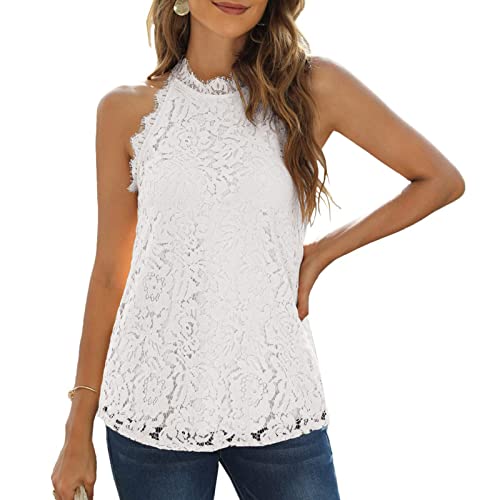 Damen Sommer Spitze Tanktops Neckholder Lässige ärmellose Shirts Elegante Bluse Top(S-Weiß) von GOTOTOP