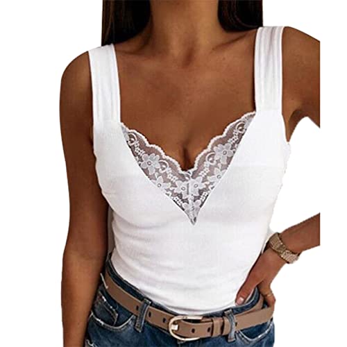 GOTOTOP Damen V-Ausschnitt Spitzenbesatz Tank Tops Camisole Sexy Oberteile Lässige Hemden Sommer Strand Weste(S-Weiß) von GOTOTOP