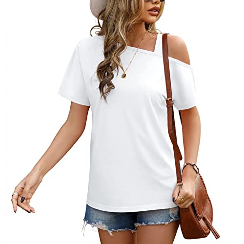 GOTOTOP Damen Schulterfrei Top Basic T-Shirt Kurzarm Locker Sommer Oberteile Casual Tunika Blusen(M-Weiß) von GOTOTOP