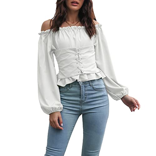 GOTOTOP Damen-Bluse, Schulterfrei, mit Langen Puffärmeln, Lässige Front-Schnürung Hinten, Gerafftes Hemd, Taillenstraffung(M-Weiß) von GOTOTOP